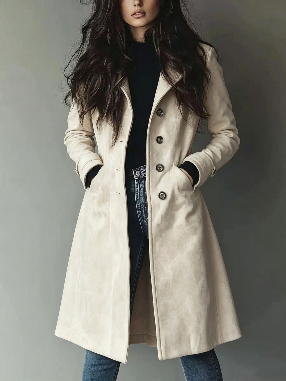 Women’s Suede Lapel Trench Coat – Mid-Length Fall & Winter Belted Jacket