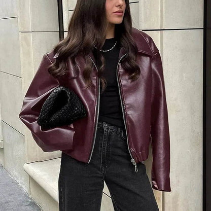 Fashioned Oversized zipper Lapel Leather coat jacket for women
