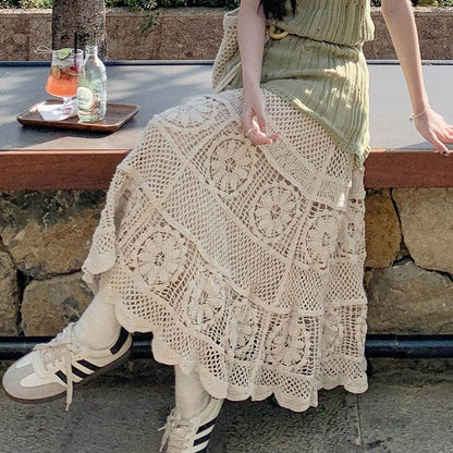 Retro Vacation Style Crocheted Hollow Beige Maxi Skirt