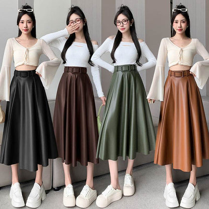 Elegant women High waist Flared Midi PU Leather skirt