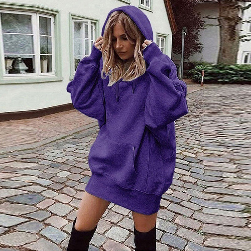 Women’s Solid Color Fleece Hoodie – Loose-Fit Pullover Hooded Sweatshirt