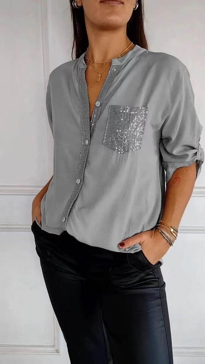 Chemisier décontracté à manches longues avec poche à sequins, haut tendance pour femmes