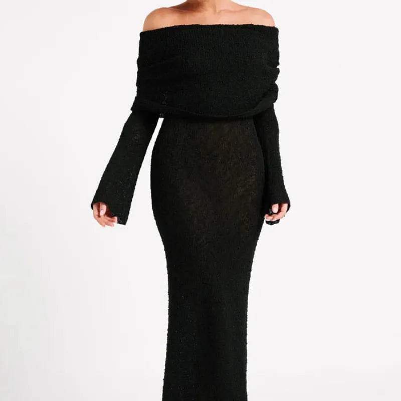 French-style Off-shoulder Dress Party Long-sleeved Long Dress