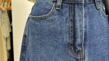 Casual Front Slit Dark Blue and Light Blue Denim Midi Skirt for women