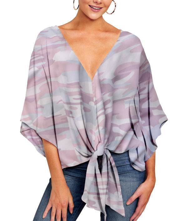 Nouvelle Blouse Col V Femme Imprimé Léopard Floral Noué Devant Chauve-souris Été Surtailles Blouses Dames