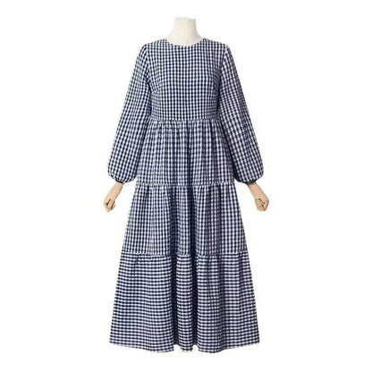 Middle East Plaid Long Sleeve Elastic Sleeve Round Neck Loose Waist Casual Dress Checked Casual dress for Arabfor Women