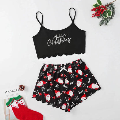 Pyjama de Noël européen et américain pour femme - Débardeur et short - Soie de lait - Simple et décontracté - Deux pièces - Vêtement d'intérieur