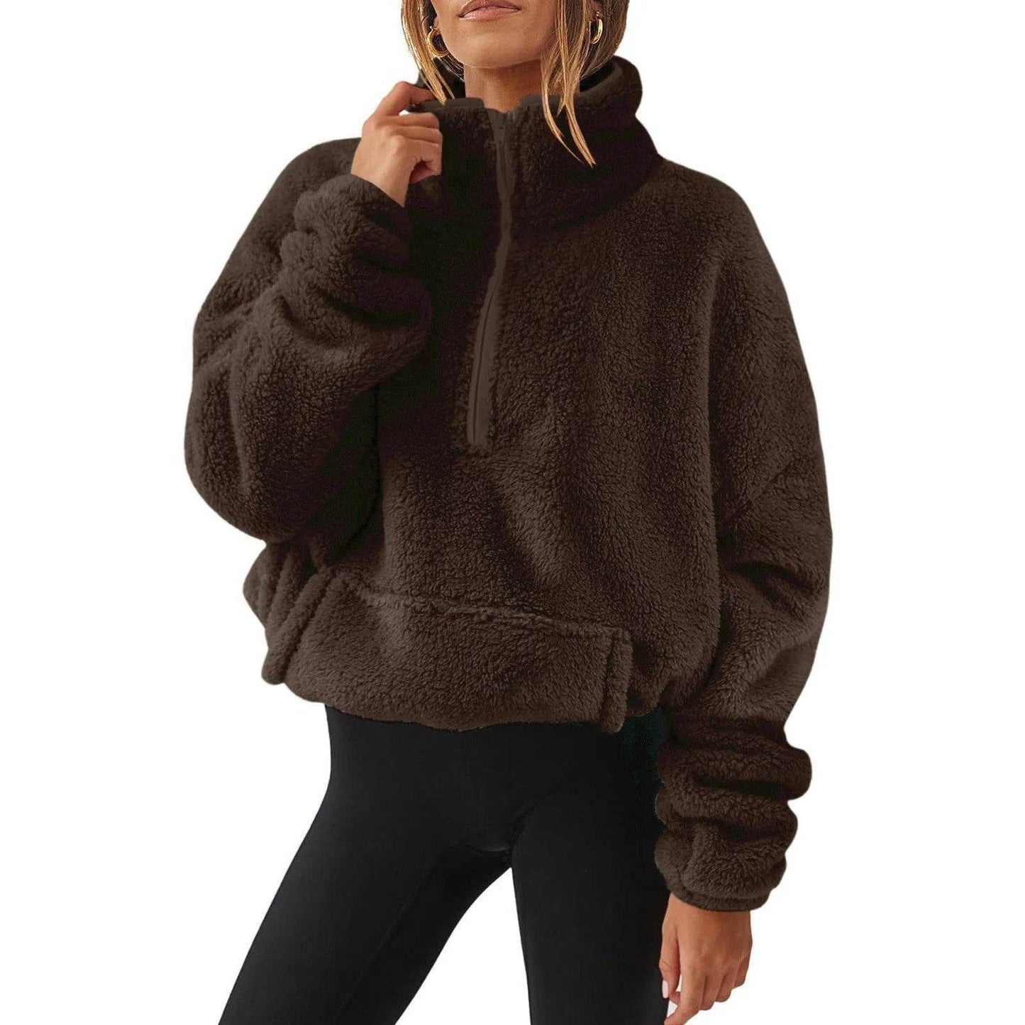 Pull pour femme en velours européen et américain, doublé polaire, avec demi-fermeture éclair et col montant