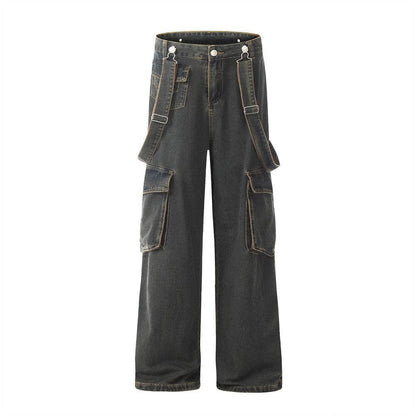 Ribbon Design Multi-pocket Workwear Denim Trousers Men Jeans