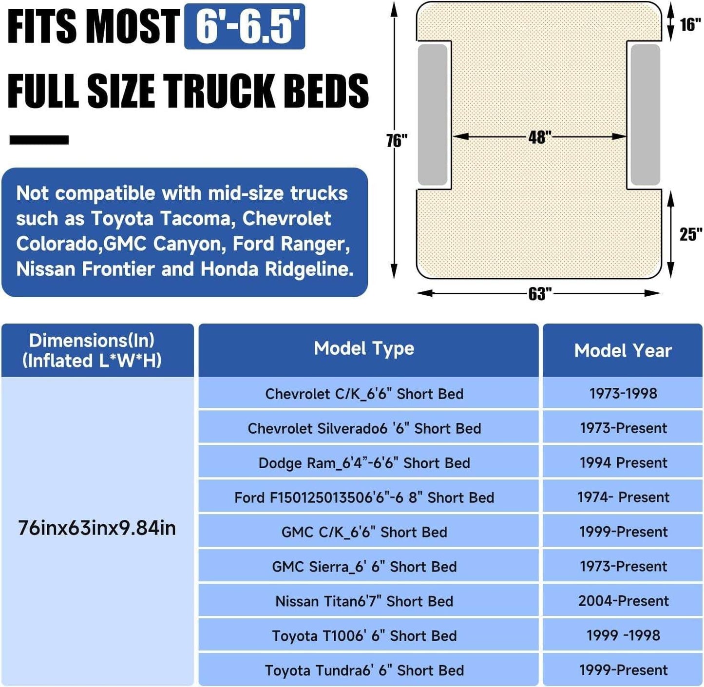 Matelas gonflable de camping pour camionnette (6,0-6,5 pieds)