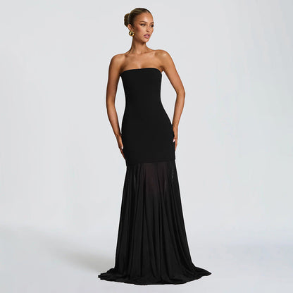 Women's Sleeveless Chiffon Tube Top Dress With Ribbons – Elegant Floor-Length Dress