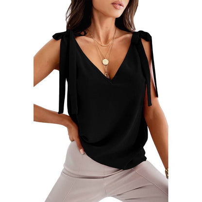 Bowknot Tie Up V-neck top Women Summer Sleeveless Blouse Tops