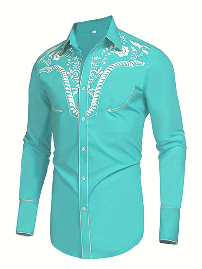 Western Cowboy Chic Long Sleeve Embroidered Shirt - Soft Cotton Blend, Elegant Design, Casual Style for Spring Fall Vacation Resort Wear - Men's Shirt for Outdoor Activities, Travel, and Leisure