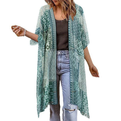 Spring Summer Printed Sun Protection Beach Kimono Cardigan Blouse top Women