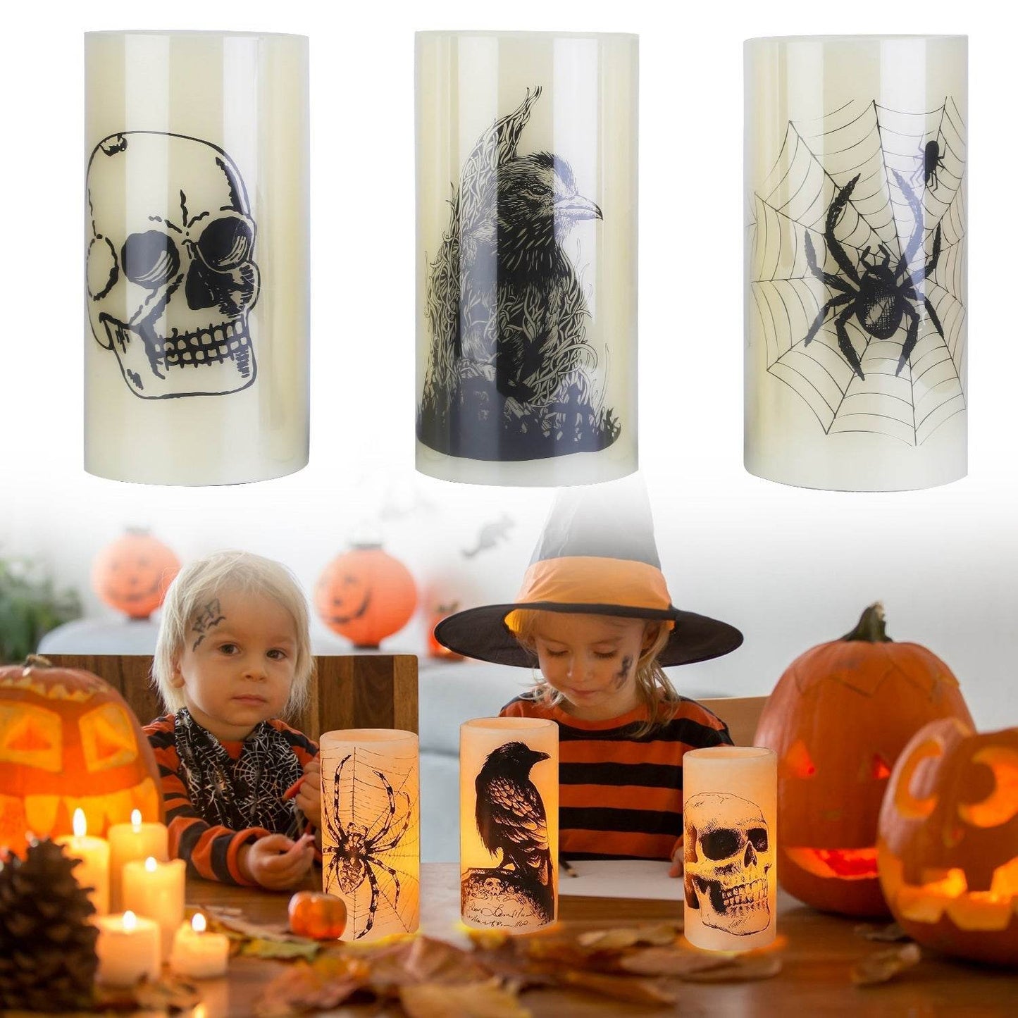 Lot de 3 bougies sans flamme d'Halloween avec minuterie, fonctionnant sur piles, lumières orange chaudes pour la décoration de fête d'Halloween.