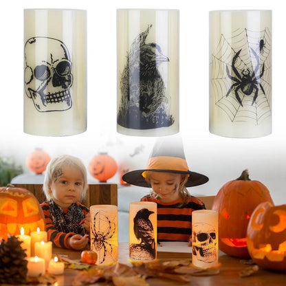 Lot de 3 bougies sans flamme d'Halloween avec minuterie, fonctionnant sur piles, lumières orange chaudes pour la décoration de fête d'Halloween.
