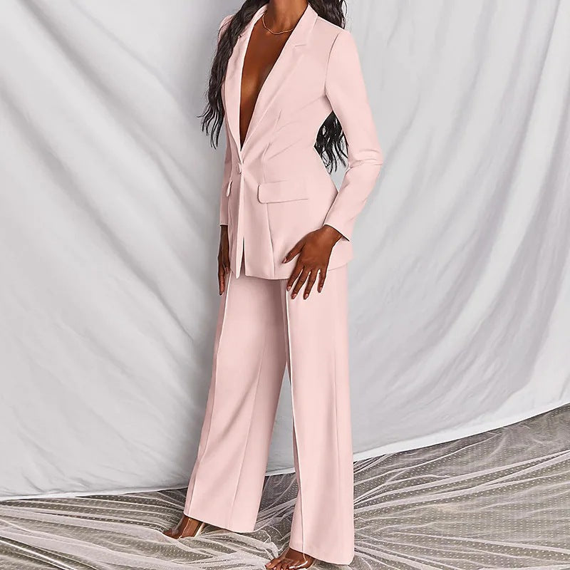Women's Business Suit Set – Lapel Button-Down Blazer and Straight Leg Trousers