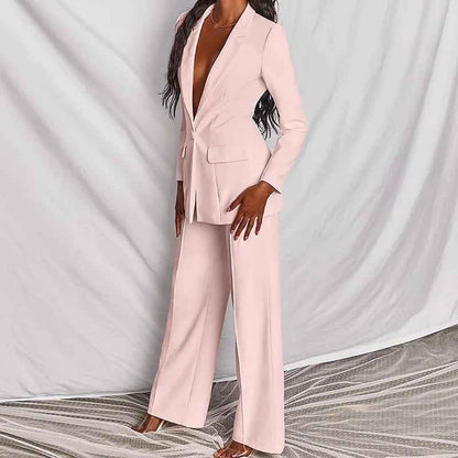 Women's Business Suit Set – Lapel Button-Down Blazer and Straight Leg Trousers