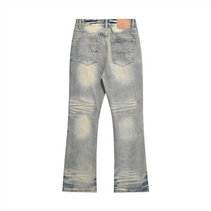 Distressed Scratches Denim Straight-leg Pants Men Jeans