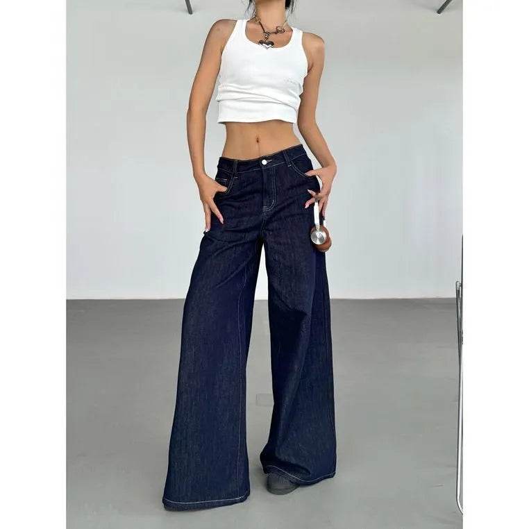 Pantalon Jean Ample Jambe Large Rétro Américain Tendance pour Femme