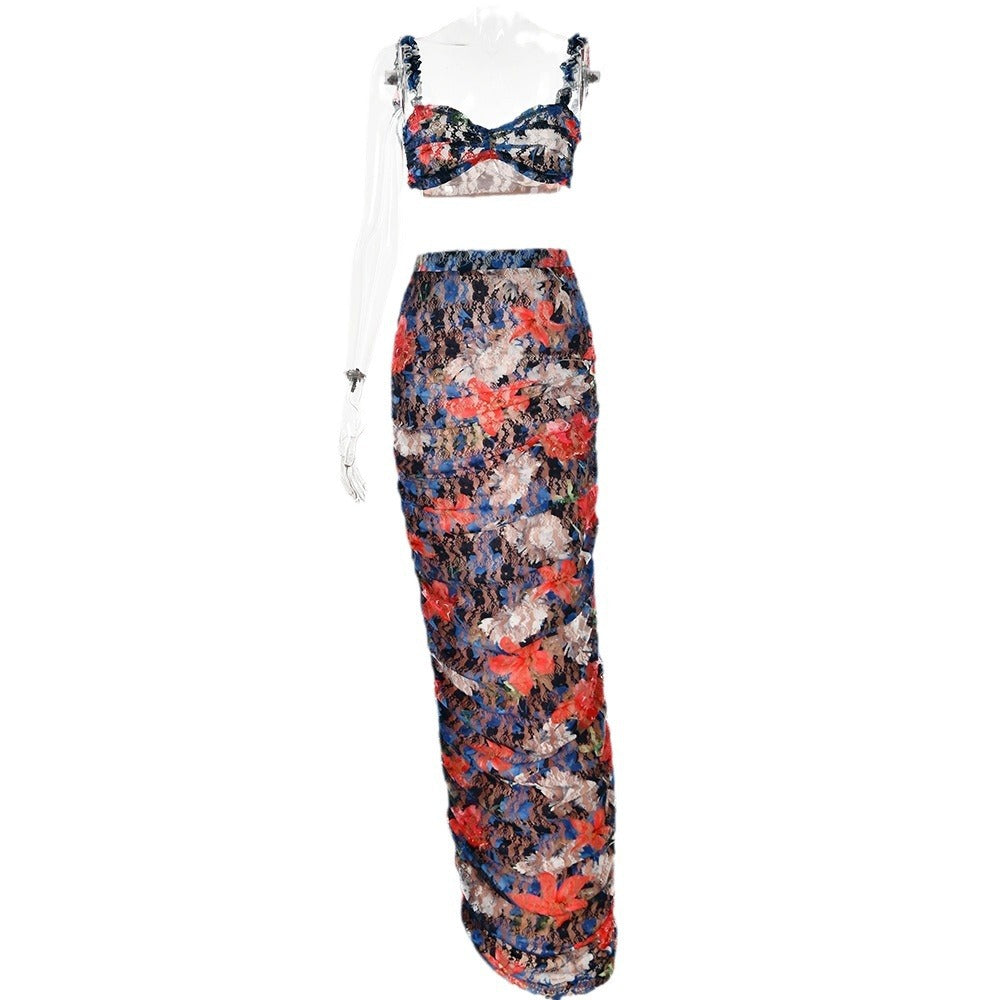 Elegant Women's Two Piece Dress Set – Printed Sleeveless Top with Pleated Maxi Skirt