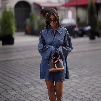 Lapel Patch Pocket Bell Sleeve Denim Dress