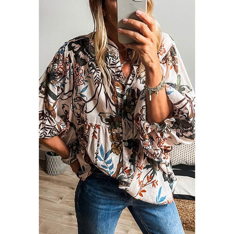 Spring Summer All-match Floral Print loose Linen blouse Shirt For Women