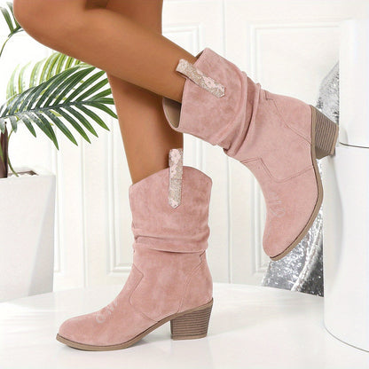 Stylish Women's Slouchy Ankle Boots - Low Heeled Retro Cowboy Boots for Women - Comfortable Pull-On Riding Boots with Chunky Heel for Casual Wear