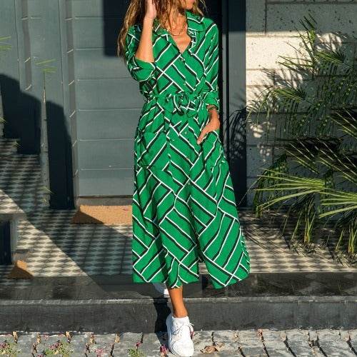 Robe longue à rayures en mousseline de soie à manches longues pour femmes, col en V, sexy, élégante et décontractée, printemps-été