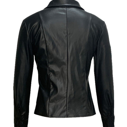 Women's Slim-Fit PU Outerwear Jacket with External Pockets