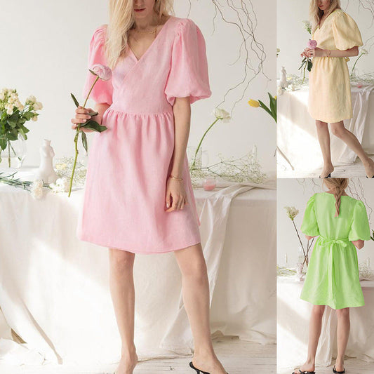 Women’s V-Neck Half-Sleeve Loose Dress – Relaxed-Fit Casual Summer Midi Dress