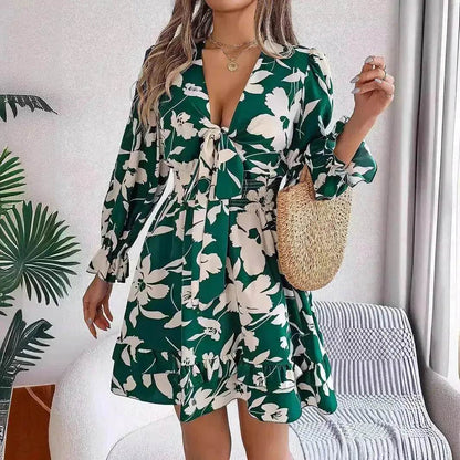 New Floral Printed V-Neck Long Sleeve Dress Fashion Ruffles Bowknot A-Line Short Mini  Skater Dress Women's Clothing