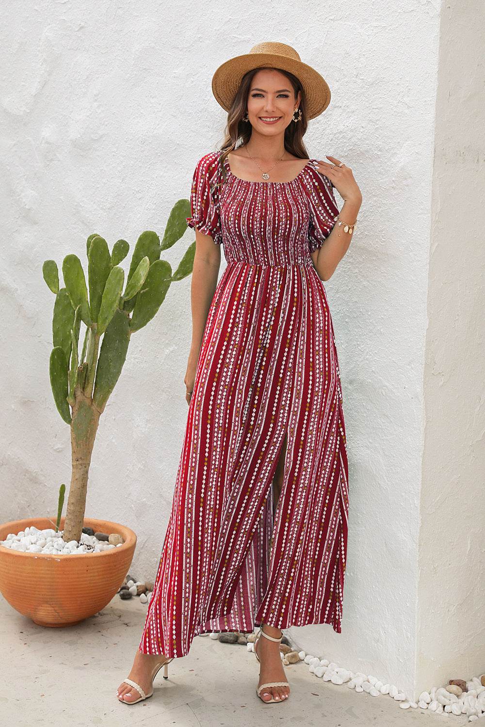 Robe longue élégante à épaules dénudées pour le printemps et l'été, en mousseline fendue, idéale pour les vacances à la plage et les séjours en station balnéaire.