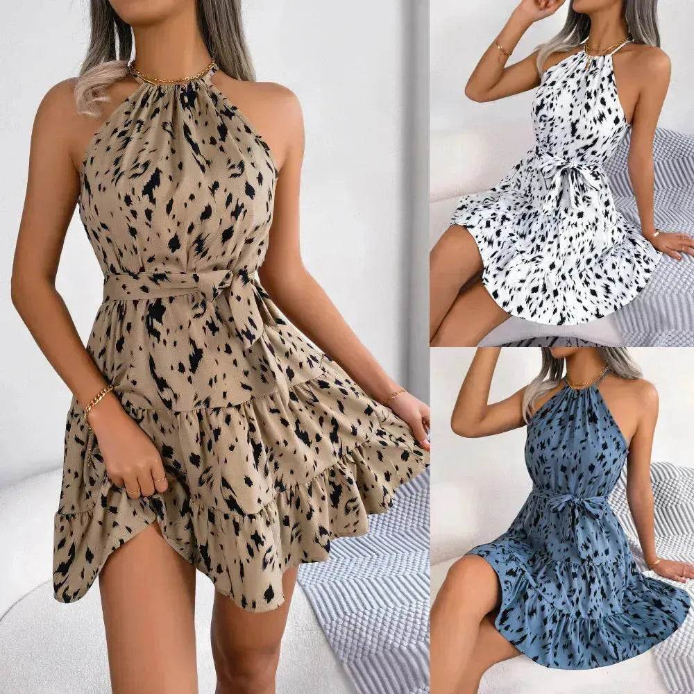 Robe trapèze décontractée à volants imprimé léopard, robe de plage estivale tendance pour femmes, robe patineuse pour femmes élégantes.