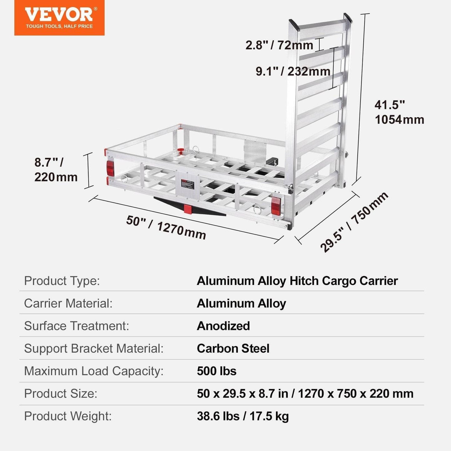 Hitch Cargo Carrier, 500lbs Capacity Trailer Hitch Mounted Cargo Basket, Aluminum Luggage Carrier Rack With Folding Ramp, Fits 2 Hitch Receiver For SUV Truck Pickup Camping
