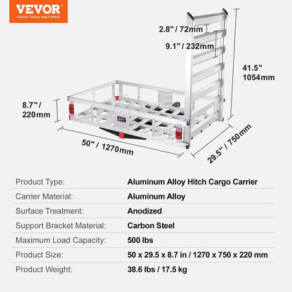 Hitch Cargo Carrier, 500lbs Capacity Trailer Hitch Mounted Cargo Basket, Aluminum Luggage Carrier Rack With Folding Ramp, Fits 2 Hitch Receiver For SUV Truck Pickup Camping