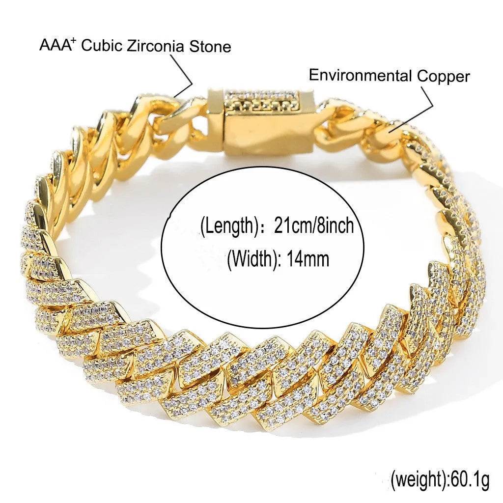 Cubic Copper Inlaid Zircon stone 14mm Diamond Cuban Link Chain necklace