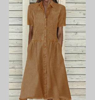 Women's European And American Lapel Casual loose button down Midi Denim jeans Mum Dress