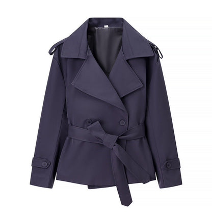 Women’s Solid Color Belted Short Trench Coat – European Style Cropped Jacket with Waist Tie
