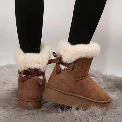 Nouvelles bottes de neige à nœud papillon Hiver Plus velours chaud Bottines à semelle épaisse pour femmes Chaussures en coton simples pour le quotidien