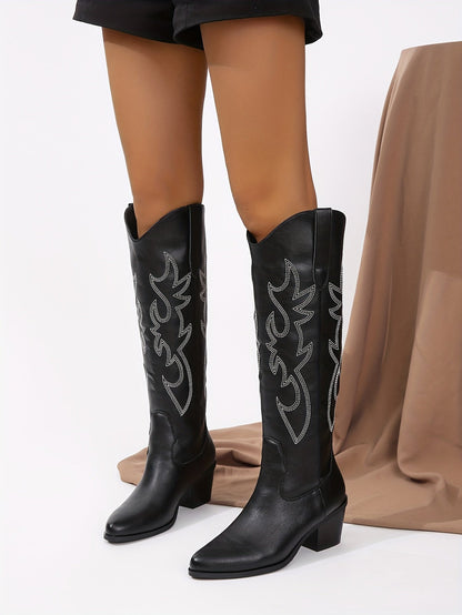 Womens Richly Embroidered Slip-On Cowboy Boots - Fashionable Pointed Toe, Chunky Heel, High Knee Height - Authentic Western Style with Ultimate Comfort - Perfect for Vacation Wear