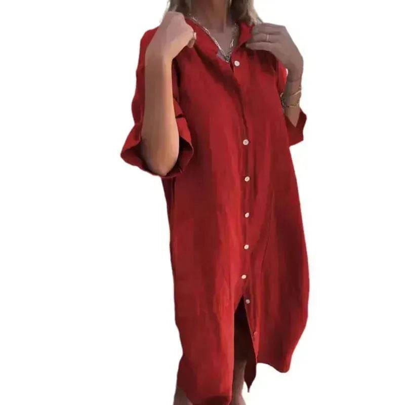 Women Loose Casual Half Sleeve Cotton Linen Buttoned down  Shirt Dress