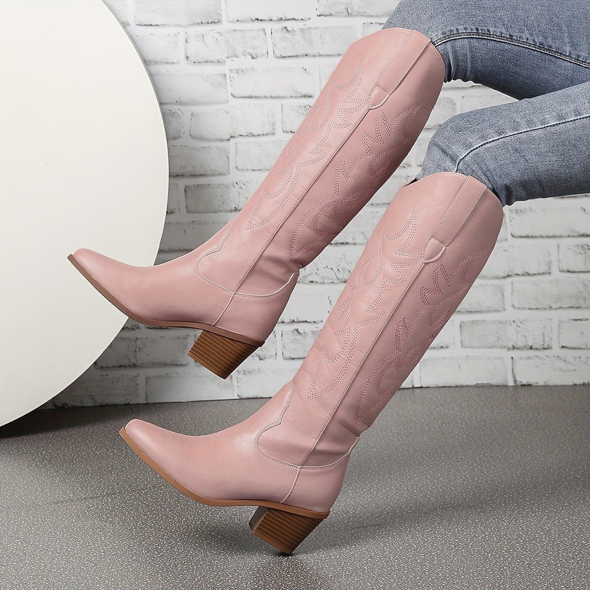 Womens Richly Embroidered Slip-On Cowboy Boots - Fashionable Pointed Toe, Chunky Heel, High Knee Height - Authentic Western Style with Ultimate Comfort - Perfect for Vacation Wear