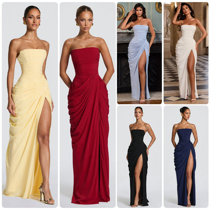 Women’s Strapless Pleated Slit Evening Dress – French Style Elegant Summer Wedding & Party Gown