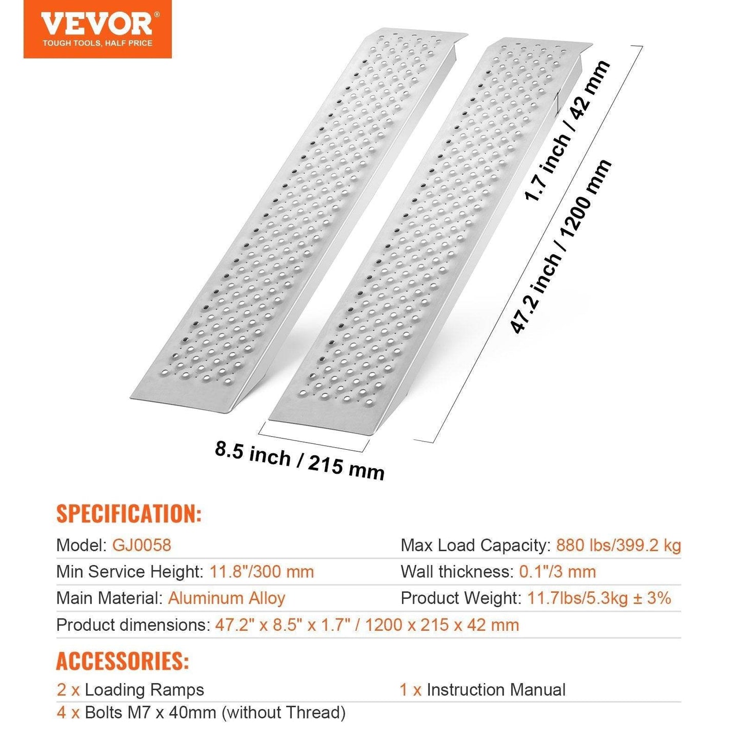 47.2 X 8.5 Aluminum Ramps 880 LBS Capacity Loading Ramps 2PCS