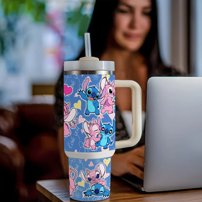 Gobelet isotherme Disney Stitch & Angel 40oz avec poignée - Acier inoxydable, garde les boissons chaudes ou froides, comprend une paille - Cadeau parfait pour la Saint-Valentin pour la famille et les amis