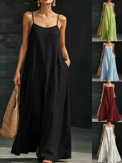 Summer Beach Spaghetti Strap Maxi Dress – Loose Flowy Casual Long Vacation Dress for Women