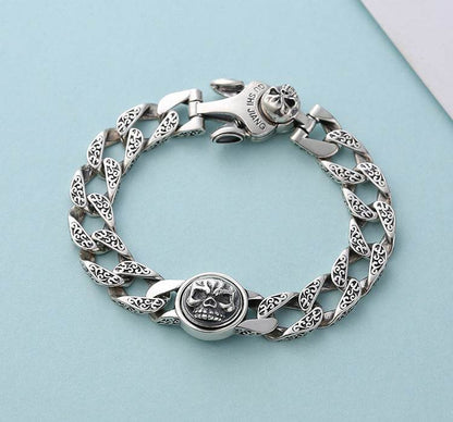 Sterling Silver Ornament Men's Trendy Rotating Skull Retro Fashion Tang Grass Pattern Bracelet