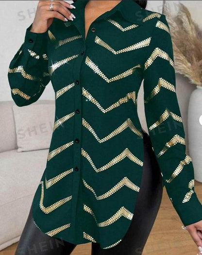 Lyxana Open Placket Foil Print Random Cut Shoulder Long Sleeve Cinched Waist Blouse Women tunic Shirt