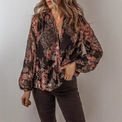V-neck Long Sleeve Top Floral Print Women's Chiffon blouse Women